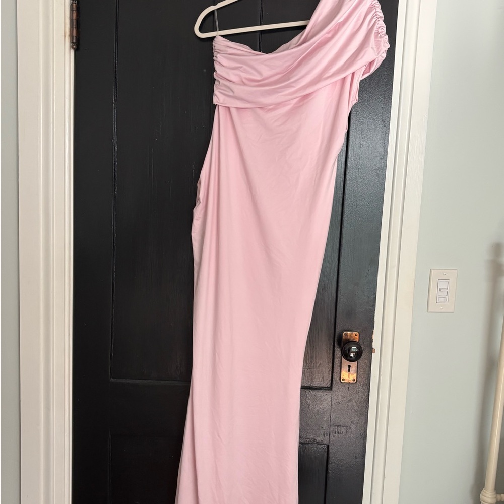Peppermayo Pink Asymmetrical Ruched Gown